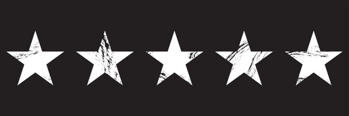 Grunge star shapes white set. Collection of distressed grunge star icon.  contrast, ideal for creative design, decoration, and artistic backgrounds.


