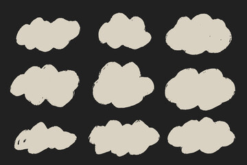 White fluffy crayon clouds in childish doodle style. Vector pastel texture icons for kids design, sky themes, and cute decoration.