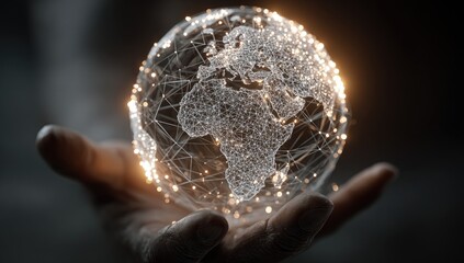 A hand holds a glowing, digital representation of the Earth.  Network lines and light points outline continents