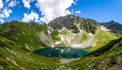 Panoramic mountain lake vista