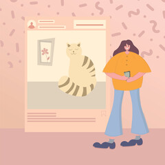 paper photo and a girl in a vector flat style. a cat and a painting in the photo. social media, communication, information