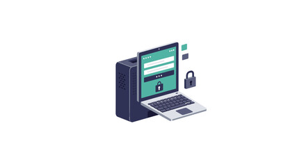 Isometric computer security concept with laptop and lock icons