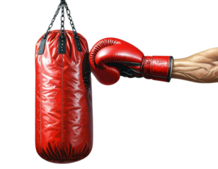 Front View of Punching Bag with Red Boxing Glove, Transparent Background PNG