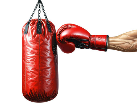 Front View of Punching Bag with Red Boxing Glove, Transparent Background PNG