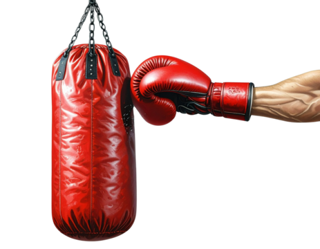 Front View of Punching Bag with Red Boxing Glove, Transparent Background PNG