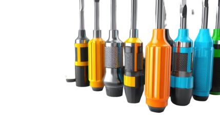 Assortment of Colorful Screwdrivers Hanging Against Black Background