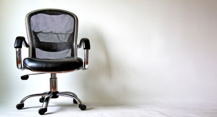 Black mesh office chair against a white background