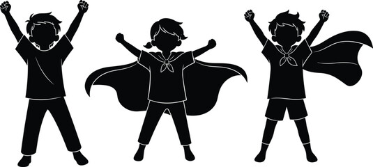 Superhero kids silhouette, children in capes, triumphant pose vector, black outline figures, playful hero concept, side view illustration, empowerment theme art