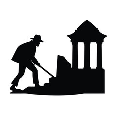 Silhouette vector silhouette of a man digging near ancient ruins