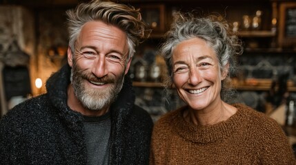 Happy middle-aged couple standing in kitchen, smiling at camera