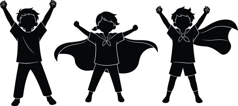 Superhero kids silhouette, children in capes, triumphant pose vector, black outline figures, playful hero concept, side view illustration, empowerment theme art