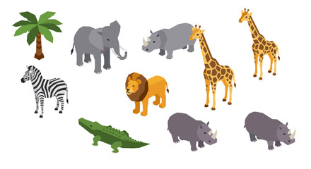 Obraz premium Isometric safari animals: elephant, giraffe, zebra, and more in geometric style