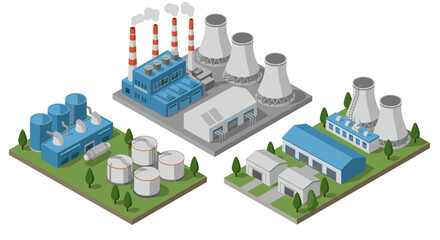 Isometric industrial buildings set including factory and cooling towers