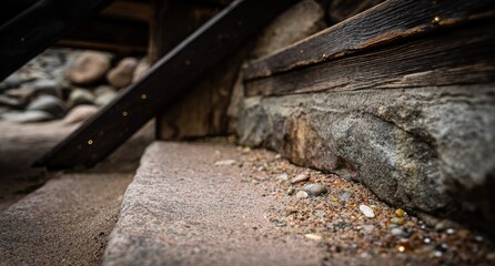 Rustic wooden stairs leading down to stone steps on sandy ground