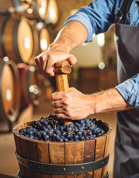 A man in a winery is crushing grapes in a wooden barrel.