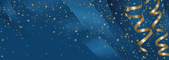 Obraz premium Abstract design with gold confetti and ribbons on a deep blue background (1)