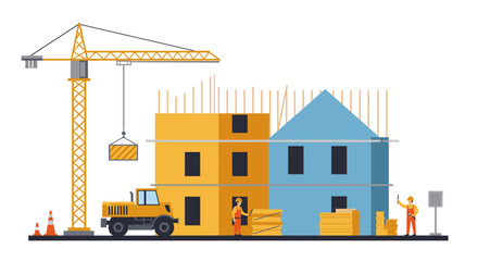 Fototapeta premium Flat construction scene featuring workers, crane, and building under construction