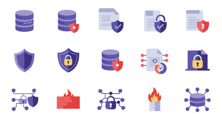 Fototapeta premium Data security icons set featuring shields, locks, and firewalls in flat style