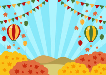 秋レジャー背景、横、気球、かわいい、イラスト、集中線