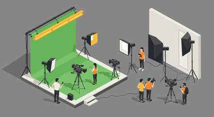 Professional film studio setup with green screen and camera equipment in 3d isometric design