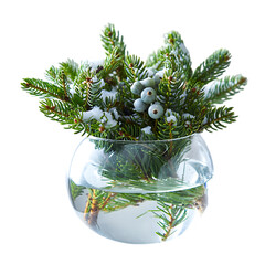 Png 3d illustration of evergreen branches with snow and berries in a glass vase on transparent background transparent background