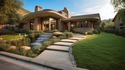 Modern residential property with clean lines, blending indoor and outdoor spaces, featuring a curving roofline,