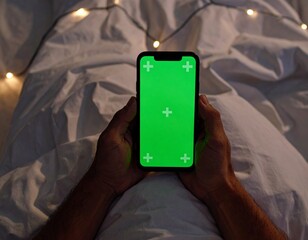 Hands holding green screen smartphone in cozy bed with bokeh fairy lights at night.