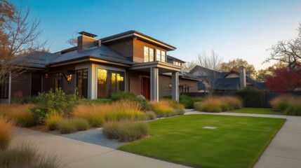 A single story modern house with dark wooden siding and a gabled roof,