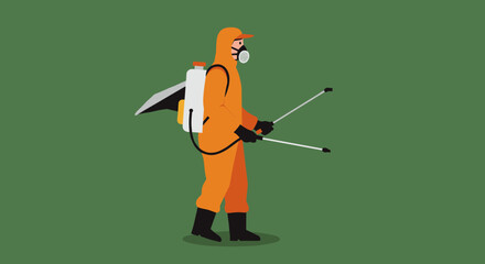 Naklejka premium Protective suit worker with sprayer in minimalist style on green background