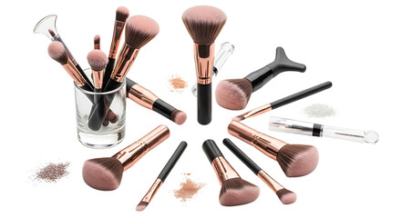 Assortment of makeup brushes with rose gold handles, isolated on white background