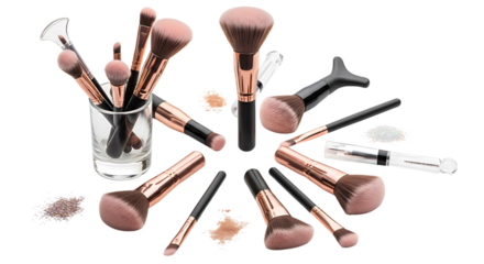 Assortment of makeup brushes with rose gold handles, isolated on white background