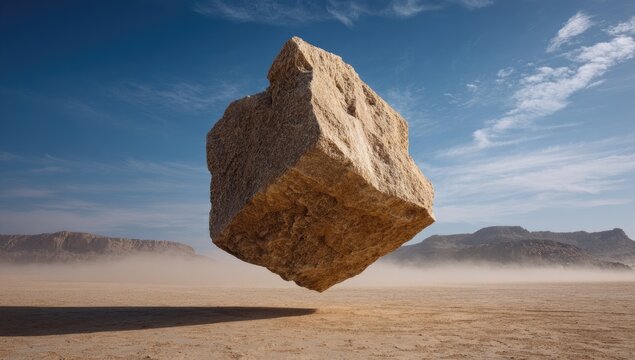 Large beige cube-shaped rock levitates in a desert landscape under a vibrant blue sky