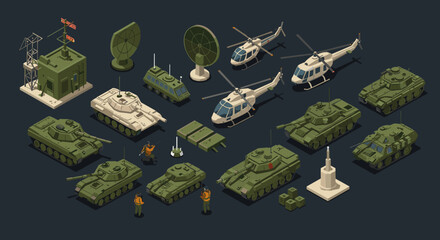 Isometric military equipment collection with tanks, helicopters, and radar