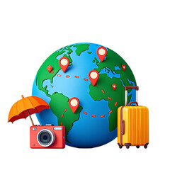 Png 3d illustration of travel the world with camera, umbrella, and suitcase isolated on transparent background transparent background