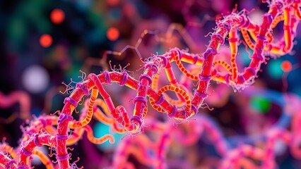 An abstract representation of metabolic pathways in vibrant colors, twisting like a double helix.