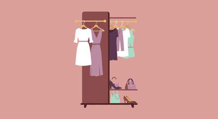 Chic wardrobe with dresses and accessories on a minimal rack