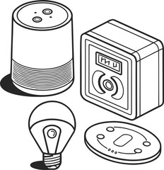 Vector illustration of kitchen electric objects, including a stove, plug, and switch, isolated on a white background