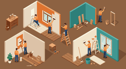 Isometric home renovation scene with workers painting and decorating interiors