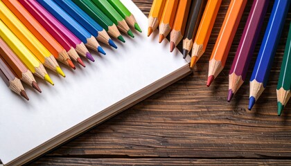 Obraz premium Colorful Pencils Arrange on Wooden Table Beside Blank Sketchbook
