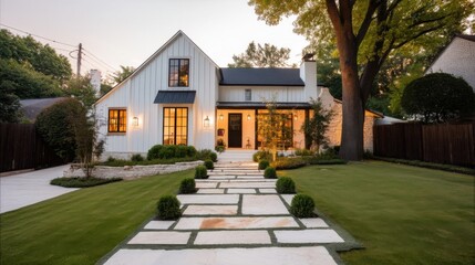 A two story modern house with a full pitched roof stands amidst neatly trimmed shrubs along a pathway,