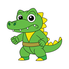A cartoon alligator in a karate uniform, Funny alligator cartoon characters wearing karate uniform