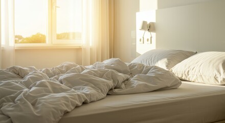 Bright morning scene with a comfortable bed and soft sunlight streaming through