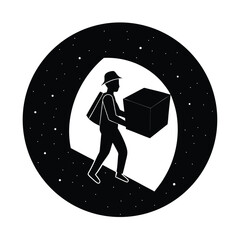 Silhouette vector man carrying a box and bag walking through a tunnel