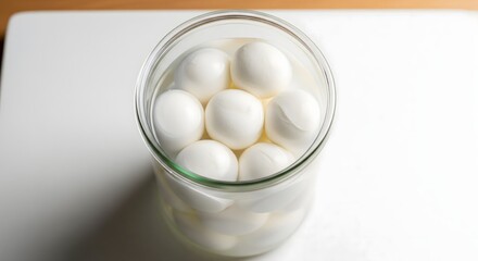Jar Filled with White Eggs in Water Placed on White Surface—Top View Close Up


