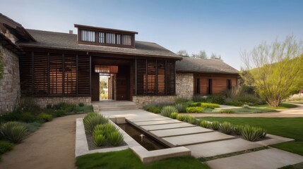 A modern house with traditional Japanese elements features a row of island-style benches, stone and wood walls,