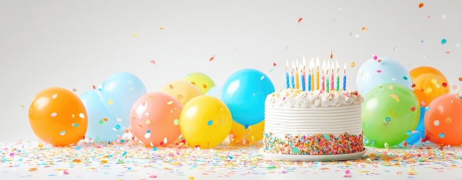 Birthday celebration with cake, balloons, and confetti