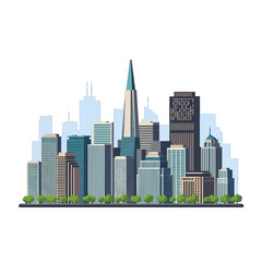 Fototapeta premium Colorful Cityscape Silhouette Featuring Modern Architecture Trees in Daytime Under a Clear Sky Urban Design