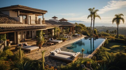 Fototapeta premium Elegant private villa showcases a stunning garden with a sparkling swimming pool, surrounded by lush greenery and vibrant flowers, providing a perfect relaxation space.