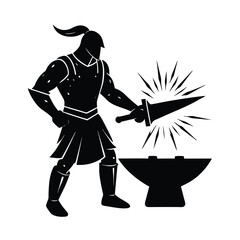 Silhouette vector knight forging a sword on an anvil