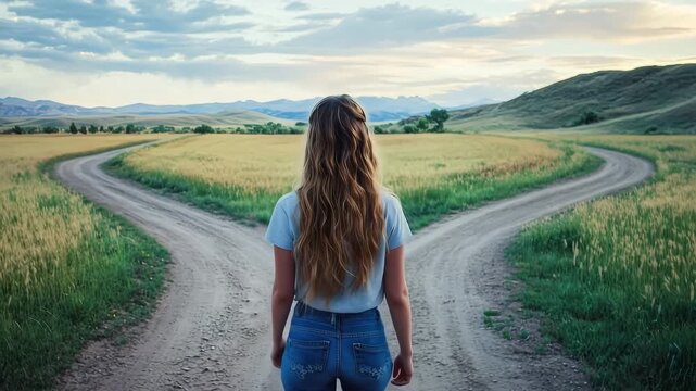 Young woman contemplating a life choice, standing at a fork in the road in a rural landscape